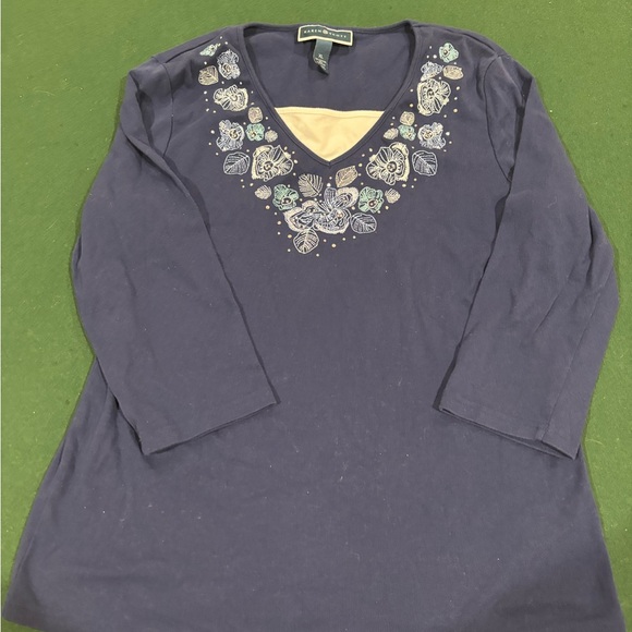 Karen Scott Navy Blue Floral Embroidered Blouse - Picture 1 of 4